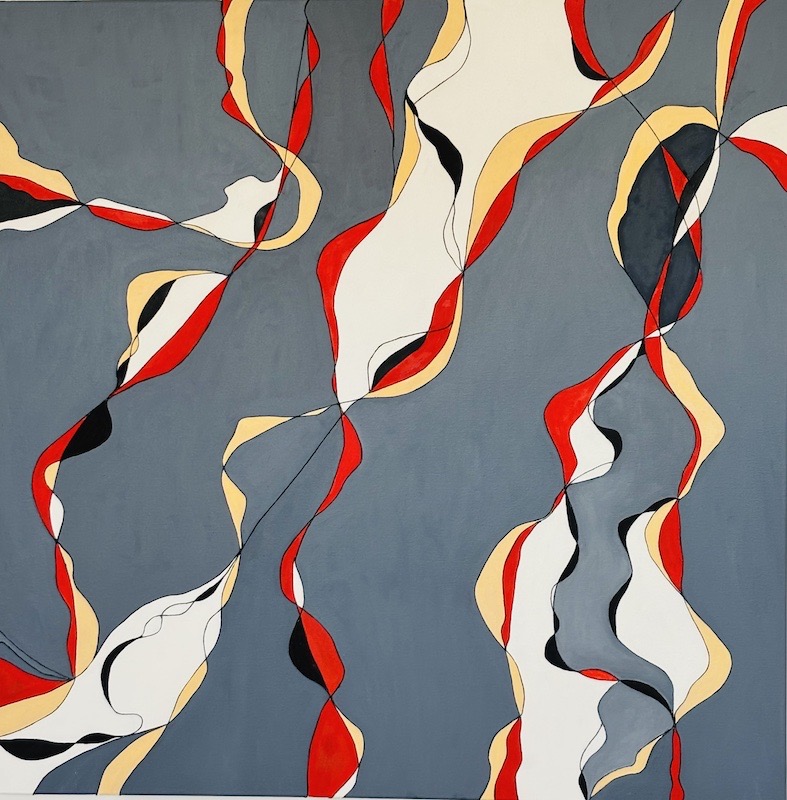 Jane Goodwin - Go With The Flow: 90x90cm Oil on canvas and black thread